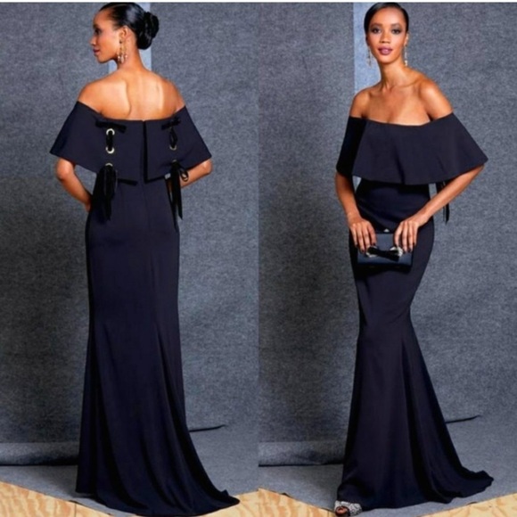 Badgley Mischka Black Off shoulder gown grommet - Picture 1 of 12